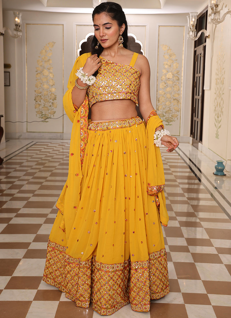 Georgette Yellow Ocassional Wear Embroidery Work Lehenga Choli 386074