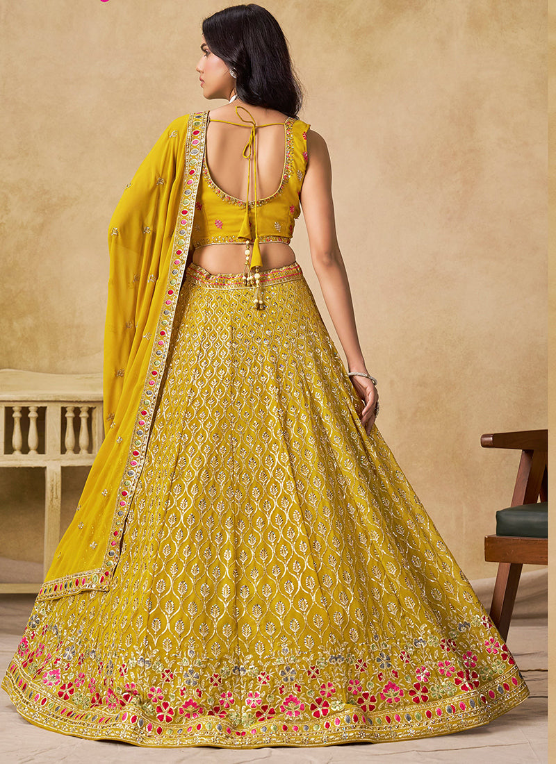 Georgette Yellow Wedding Wear Thread Embroidery Work Lehenga Choli 387520
