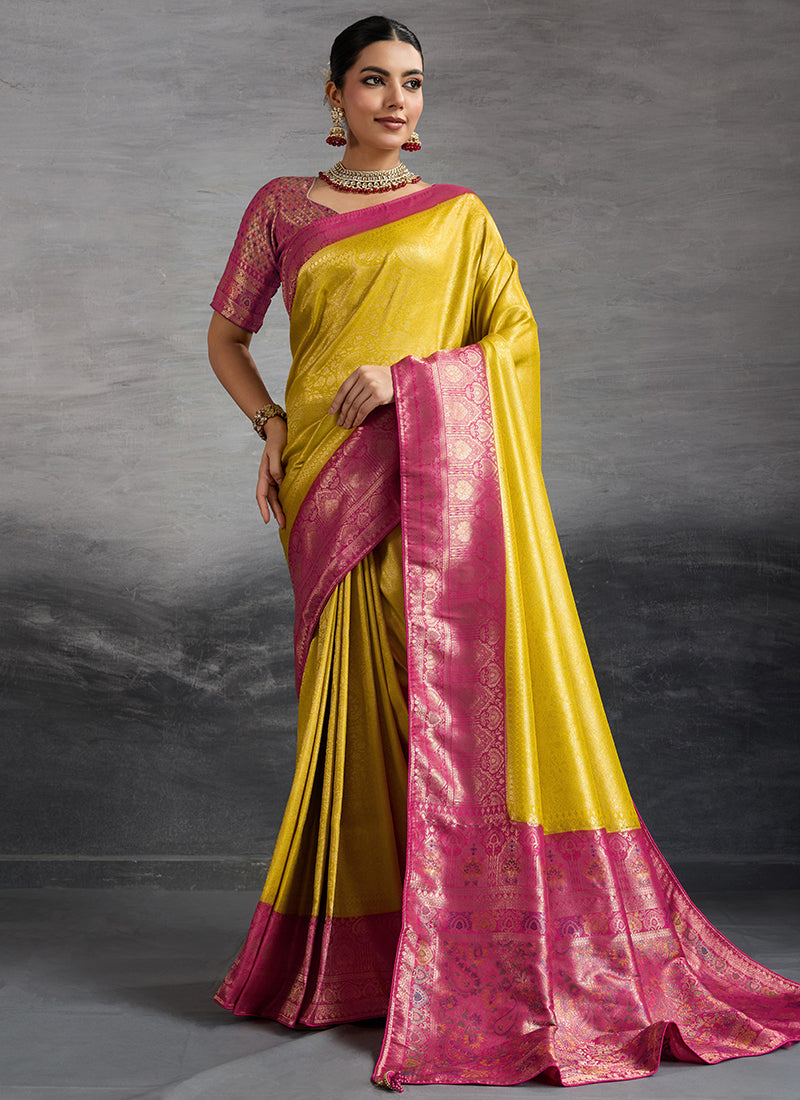 Kanjivaram Silk Yellow Saree with Zari Woven Work for Festival Wear 383034