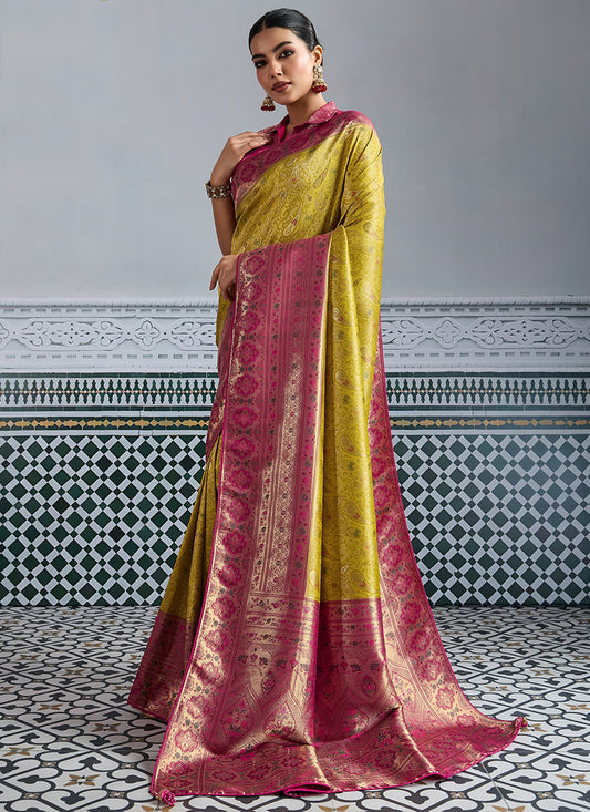 Kanjivaram Silk Yellow Saree with Meenakari Work for Party Wear 383720