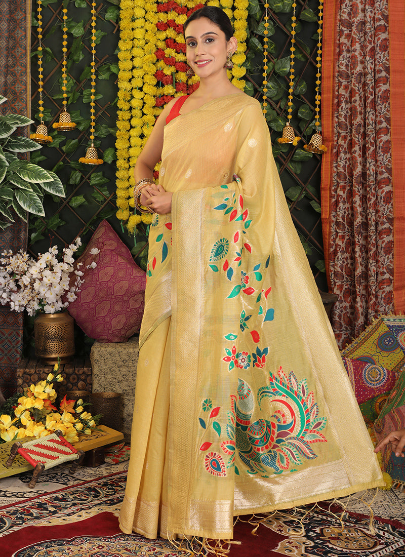 Linen Cotton Yellow Saree with Weaving Work for Daily Wear 382719