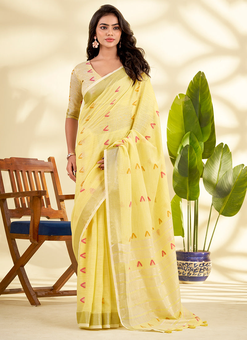 Linen Silk Yellow Saree with Zari Work for Daily Wear 381647