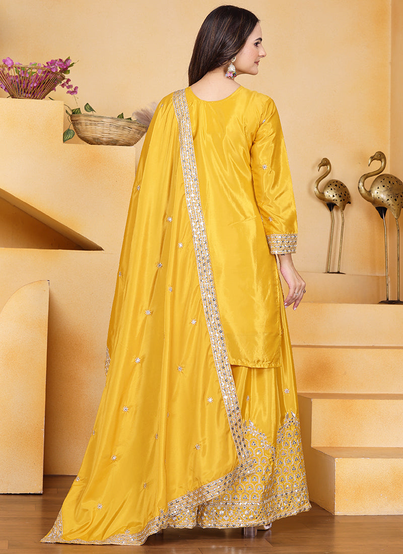 Natural Crape Yellow Festival Wear Sequin Embroidery Work Readymade Plazzo Suit 386160