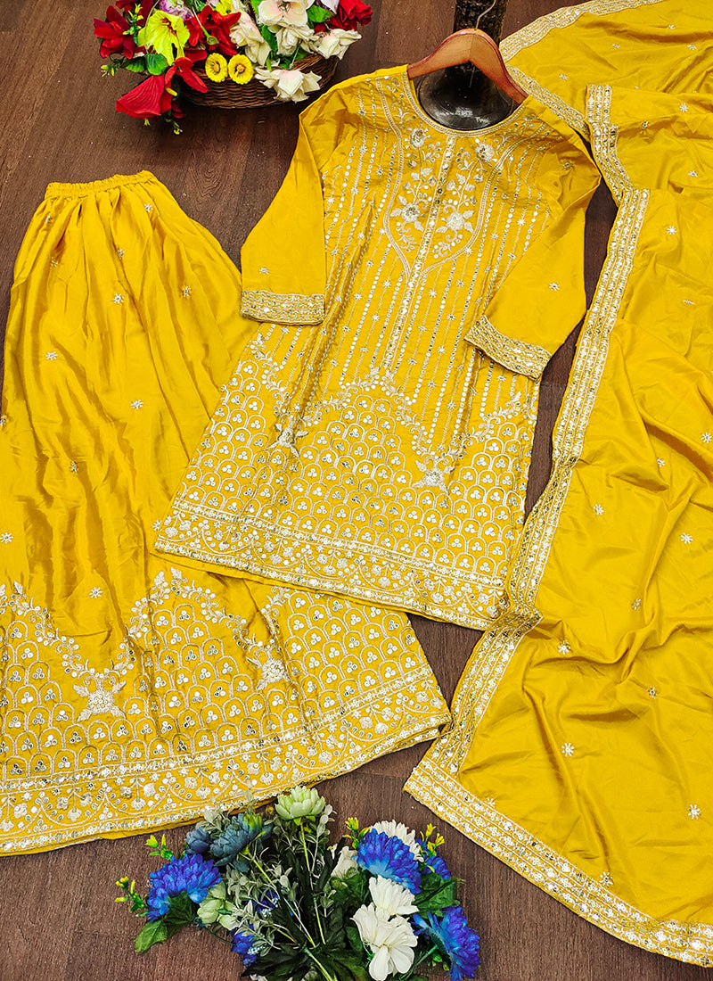 Natural Crape Yellow Festival Wear Sequin Embroidery Work Readymade Plazzo Suit 386160