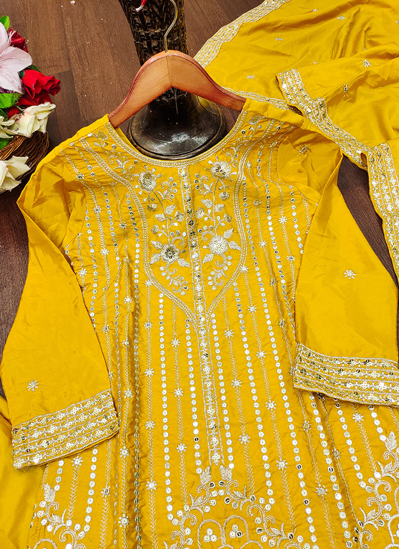 Natural Crape Yellow Festival Wear Sequin Embroidery Work Readymade Plazzo Suit 386160