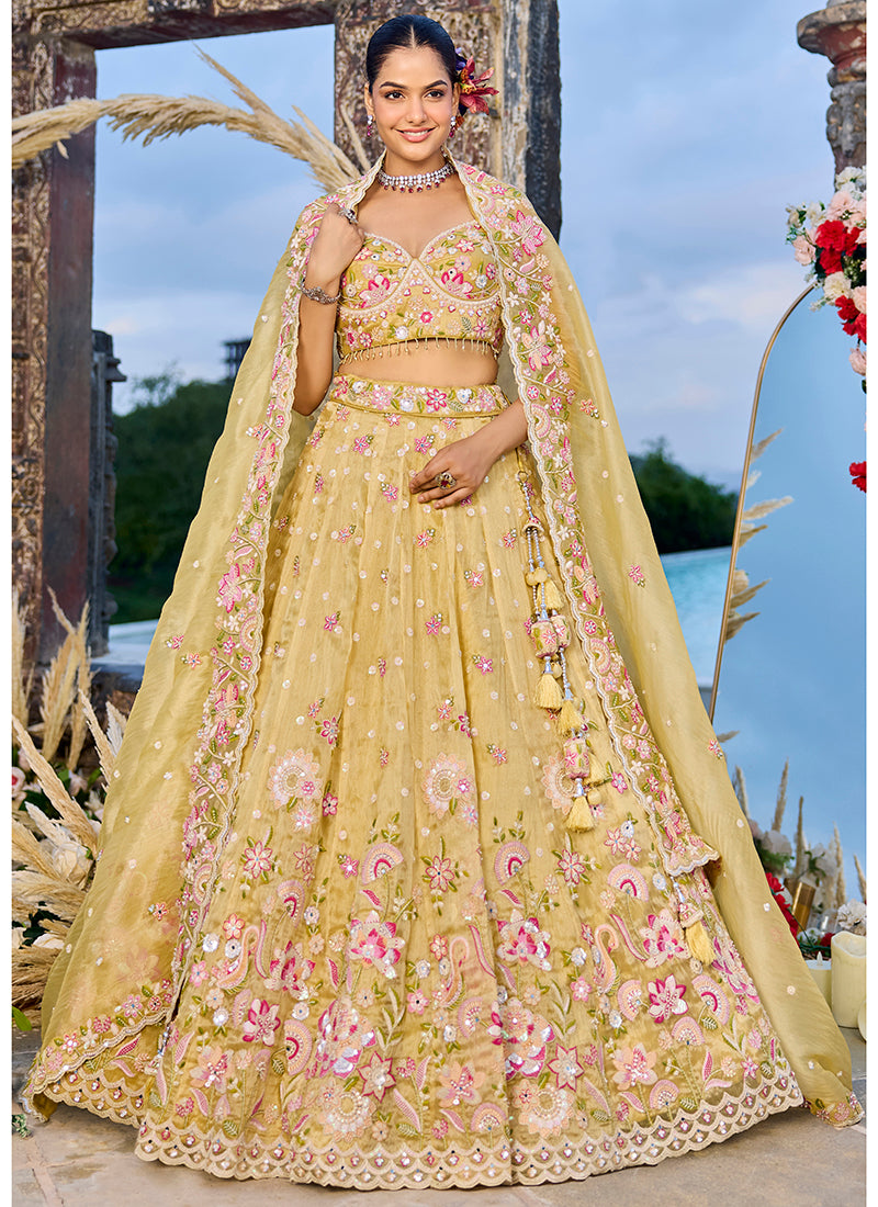 Organza Mustard Yellow Wedding Wear Heavy Embroidery Readymade Lehenga Choli