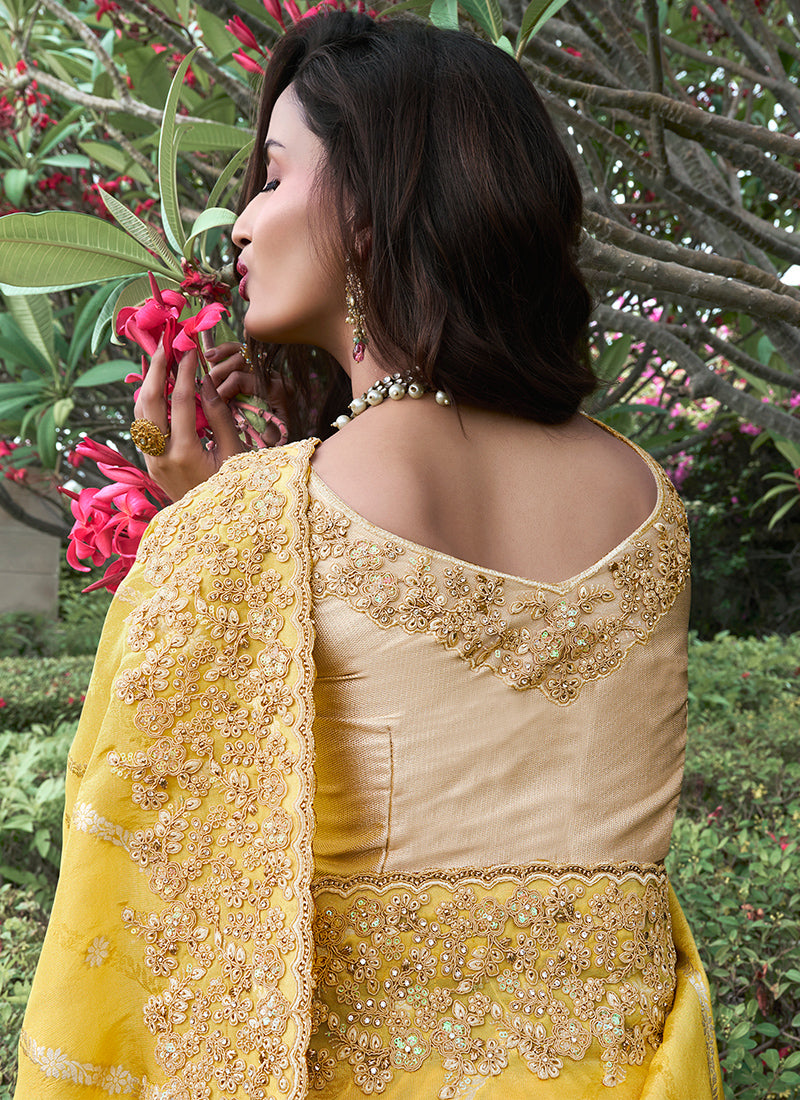 Yellow Pure Tissue Silk Embroidery Work Occasional Wear Saree SW761589