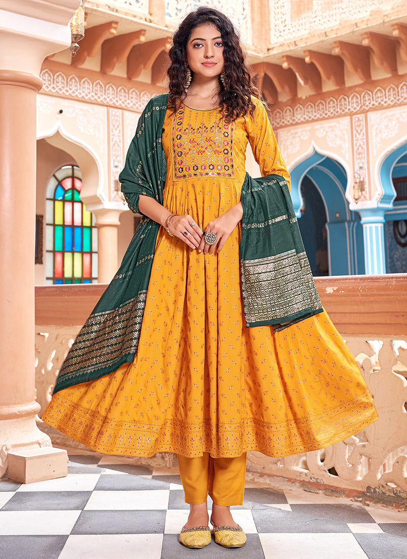 Rayon Yellow Casual Wear Sequin Work Readymade Anarkali Suit 382166