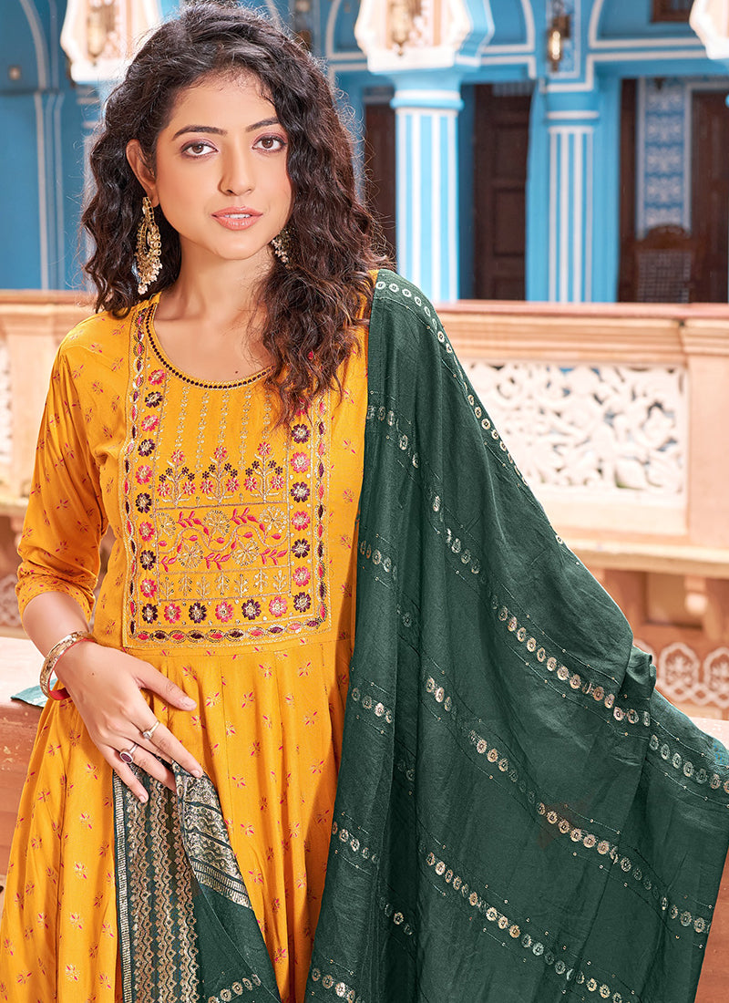 Rayon Yellow Casual Wear Sequin Work Readymade Anarkali Suit 382166