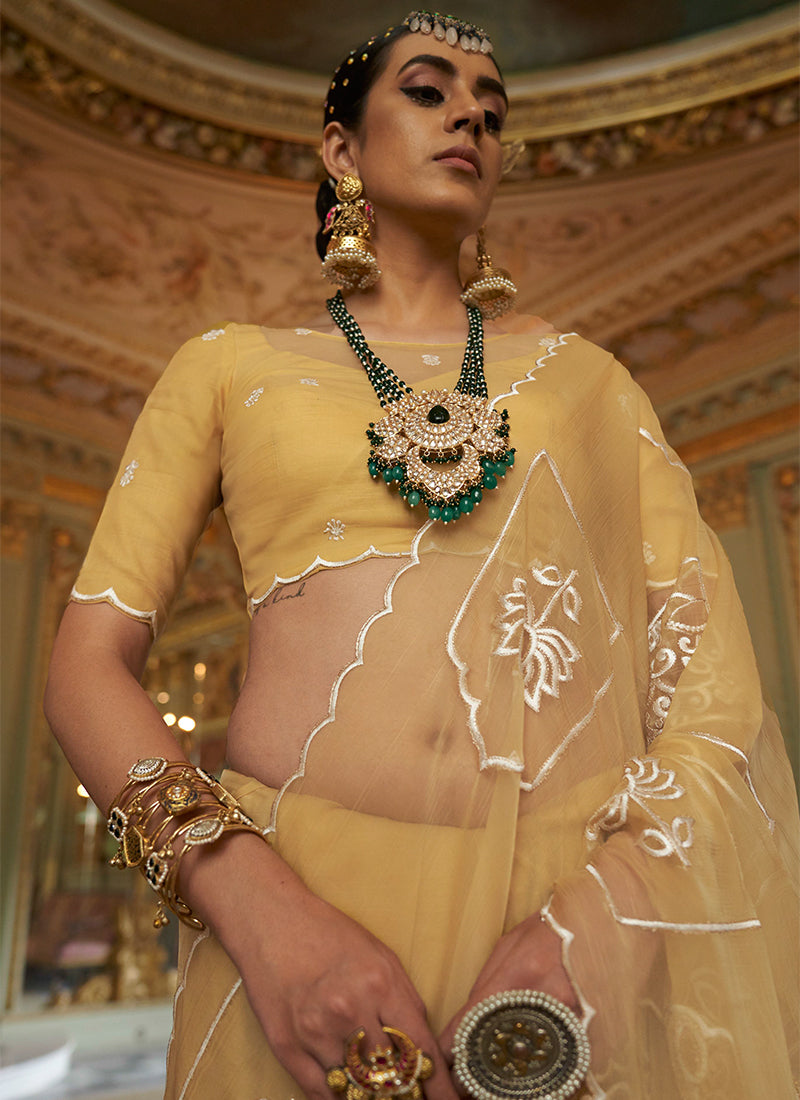 Ruby Chiffon Yellow Festival Wear Thread Embroidery Work Designer Saree 388266