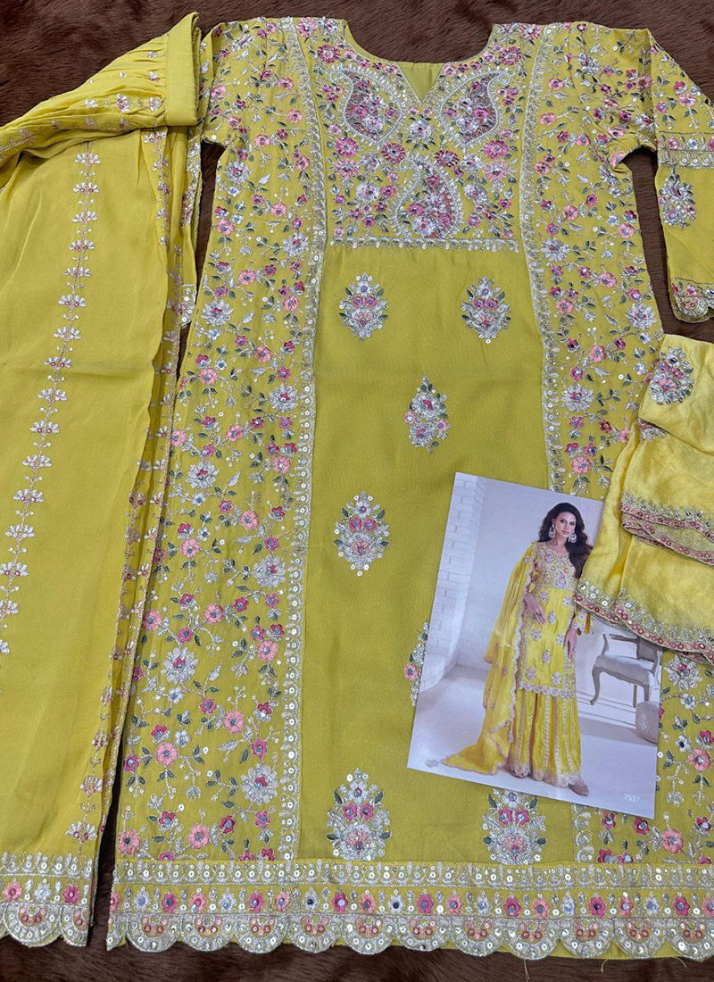 Yellow Shimmer Embroidery Work Party Wear Readymade Plazzo Suit SW400713