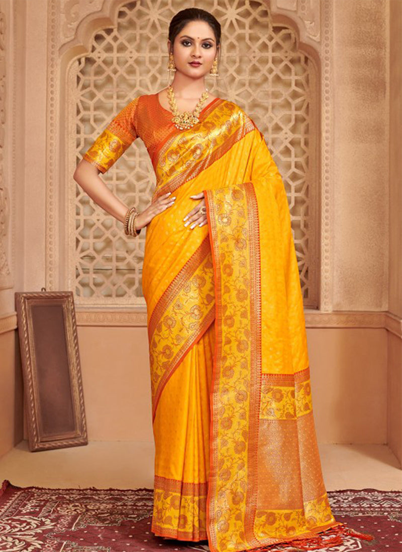 Silk Blend Yellow Saree with Weaving Work for Festival Wear 384318