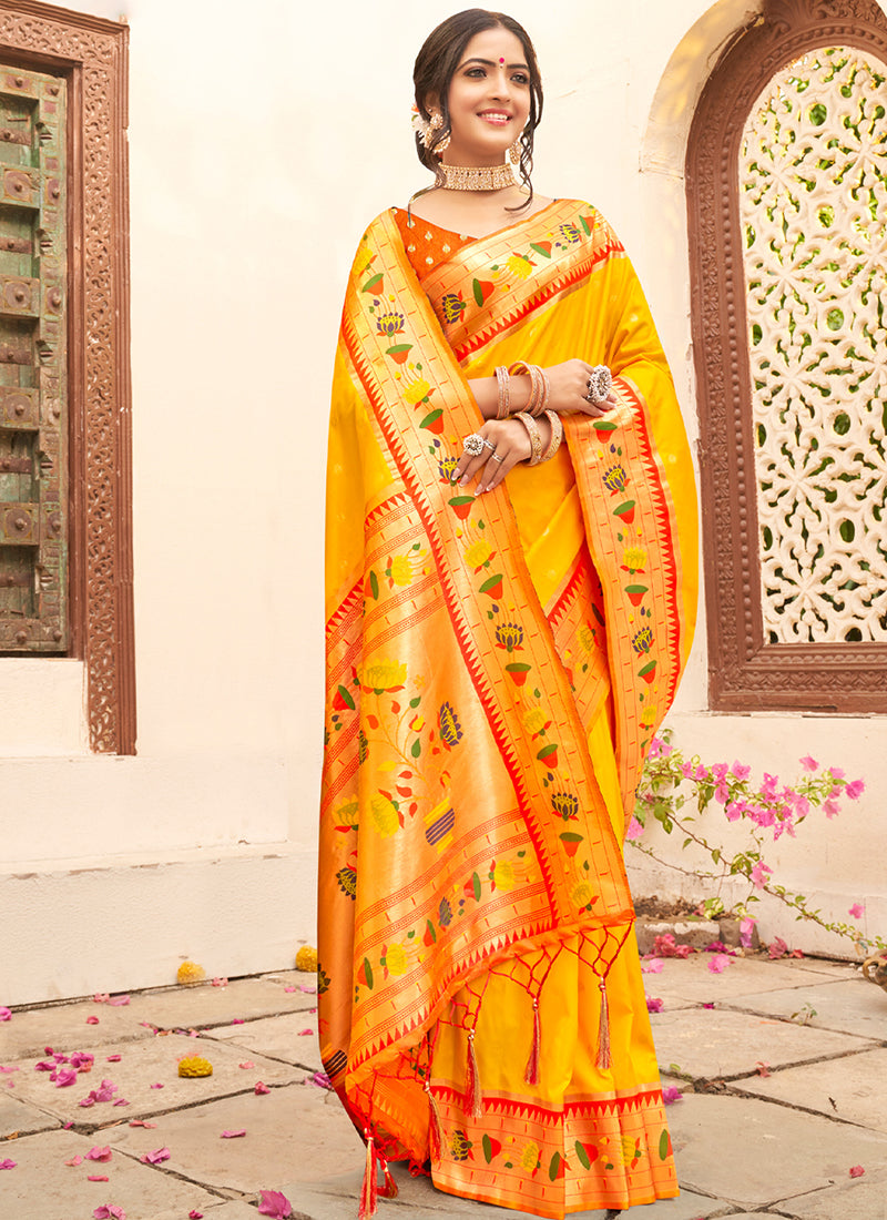 Silk Blend Yellow Saree with Weaving Work for Festival Wear 384346