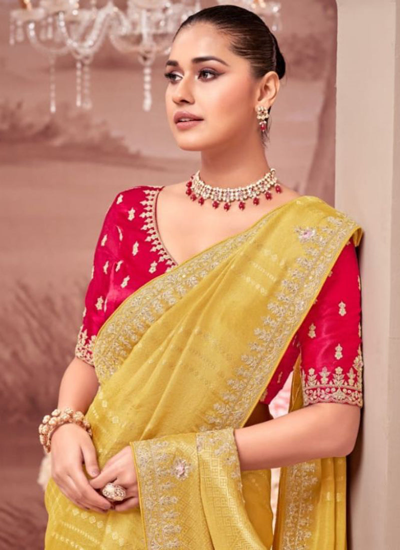 Yellow Silk Hand Work Wedding Wear Saree SW177197