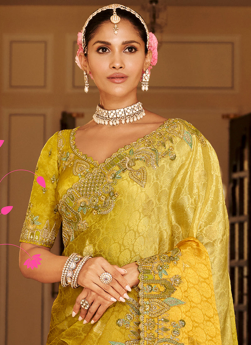 Yellow Silk Zari Work Wedding Wear Saree SW914972