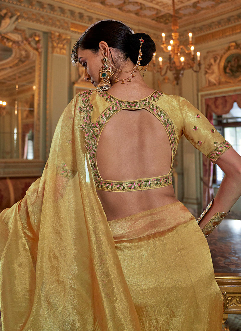 Yellow Tissue Silk Thread Work Occasional Wear Saree SW710885
