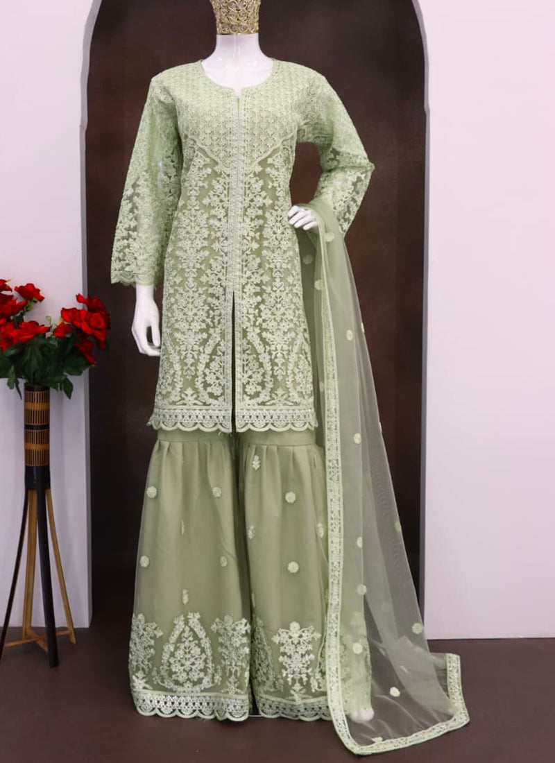 Heavy Net Green Festival Wear Sequins Work Readymade Plazzo Suit 385524