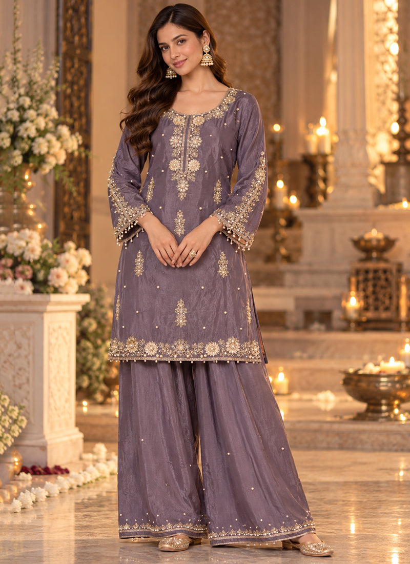Readymade Lilac Floral Embroidered Short Kurta Sharara Set with Dupatta 278129