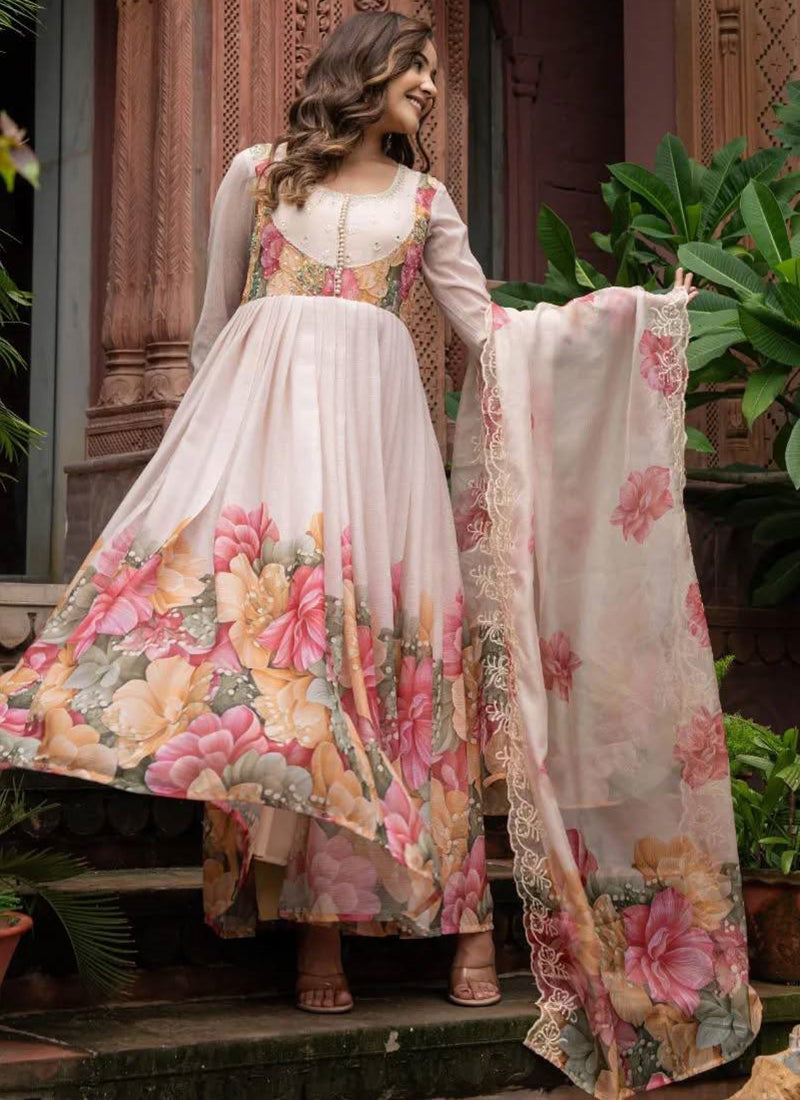 Faux Georgette Peach Festival Wear Hand Work Readymade Anarkali Suit 385328