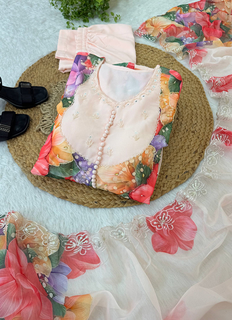 Faux Georgette Peach Festival Wear Hand Work Readymade Anarkali Suit 385328