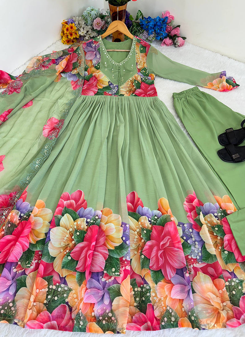 Faux Georgette Pista Festival Wear Hand Work Readymade Anarkali Suit 385329