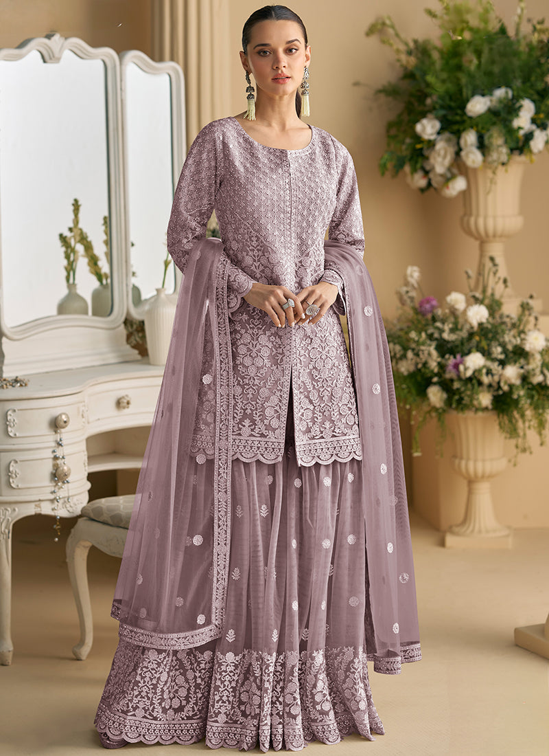 Heavy Net Lilac Festival Wear Sequins Work Readymade Plazzo Suit 385523