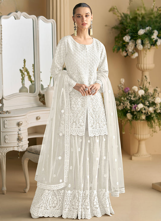 Heavy Net White Festival Wear Sequins Work Readymade Plazzo Suit 385525