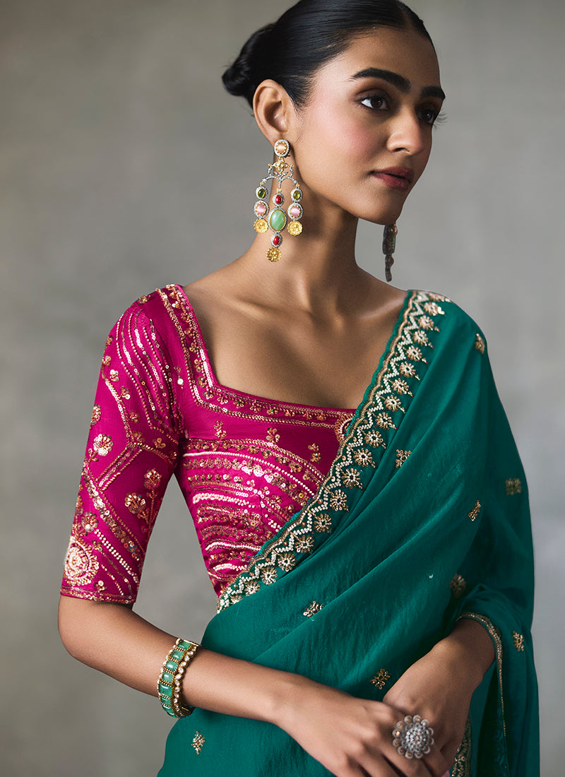 Teal Green Silk Embroidery Work Festive Wear Saree SW405338