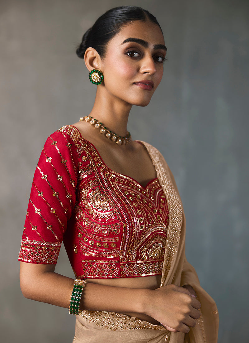 Beige Silk Embroidery Work Festive Wear Saree SW405343