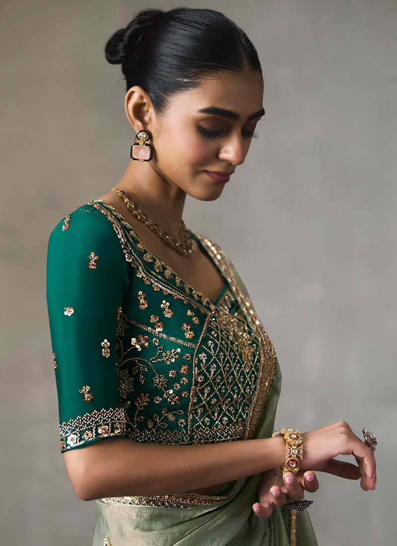 Sage Green Silk Embroidery Work Festive Wear Saree SW405345