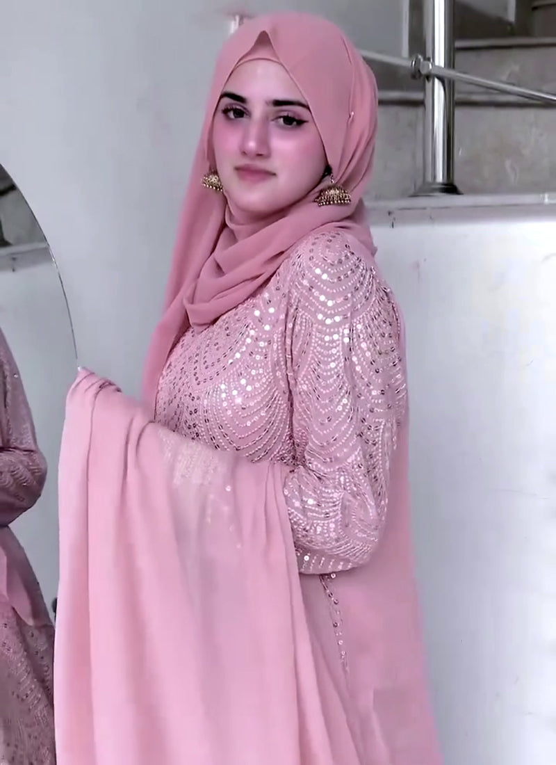 Faux Georgette Light Pink Eid Wear Embroidery Work Readymade Plazzo Suit 387199