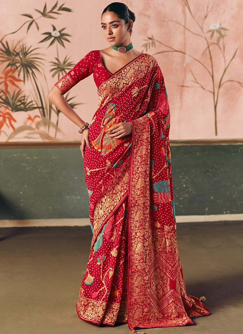Georgette Red Wedding Wear Weaving Work Saree 386721