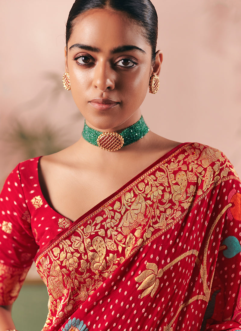 Georgette Red Wedding Wear Weaving Work Saree 386721