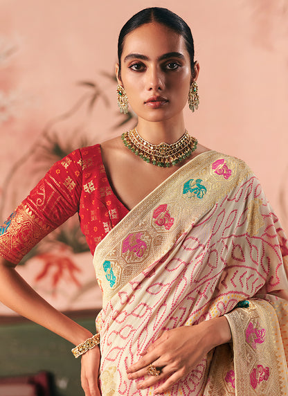 Georgette Cream Wedding Wear Weaving Work Saree 386722