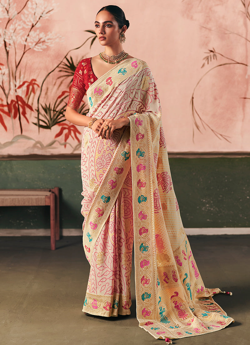 Georgette Cream Wedding Wear Weaving Work Saree 386722