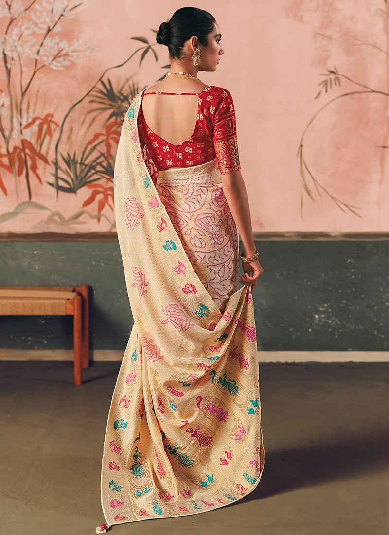 Georgette Cream Wedding Wear Weaving Work Saree 386722