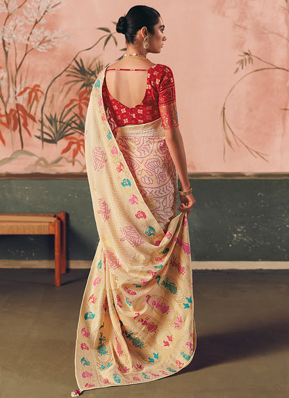 Georgette Cream Wedding Wear Weaving Work Saree 386722