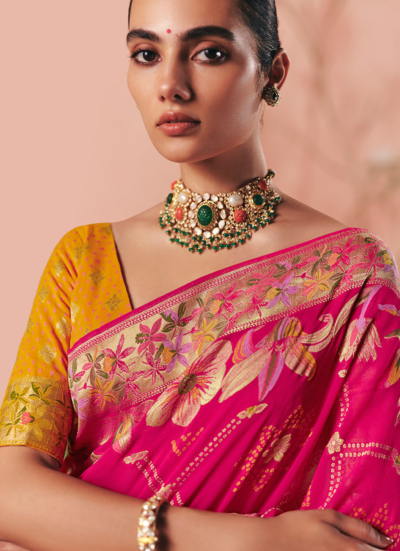 Georgette Hot Pink Wedding Wear Weaving Work Saree 386723