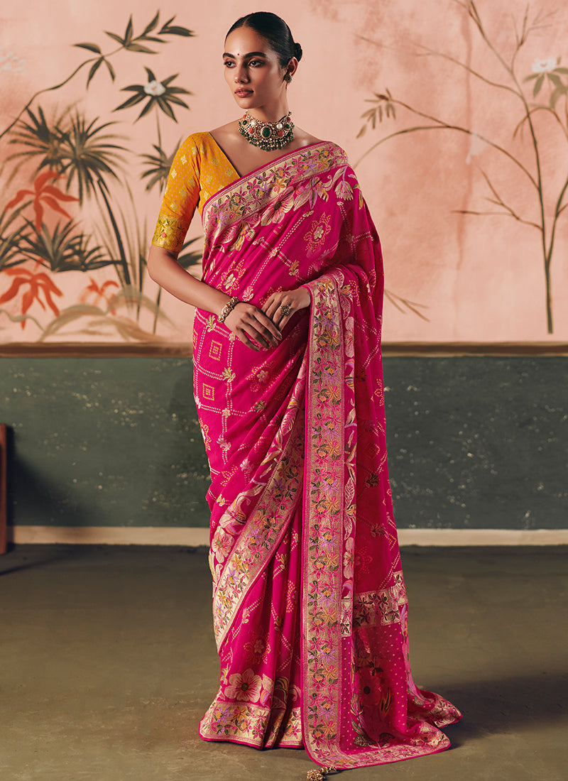 Georgette Hot Pink Wedding Wear Weaving Work Saree 386723