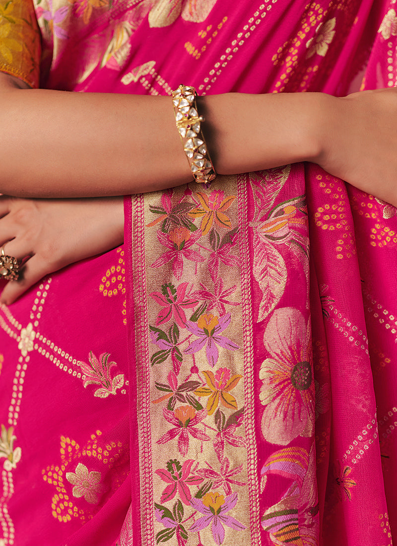 Georgette Hot Pink Wedding Wear Weaving Work Saree 386723