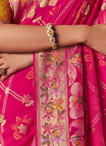 Georgette Hot Pink Wedding Wear Weaving Work Saree 386723