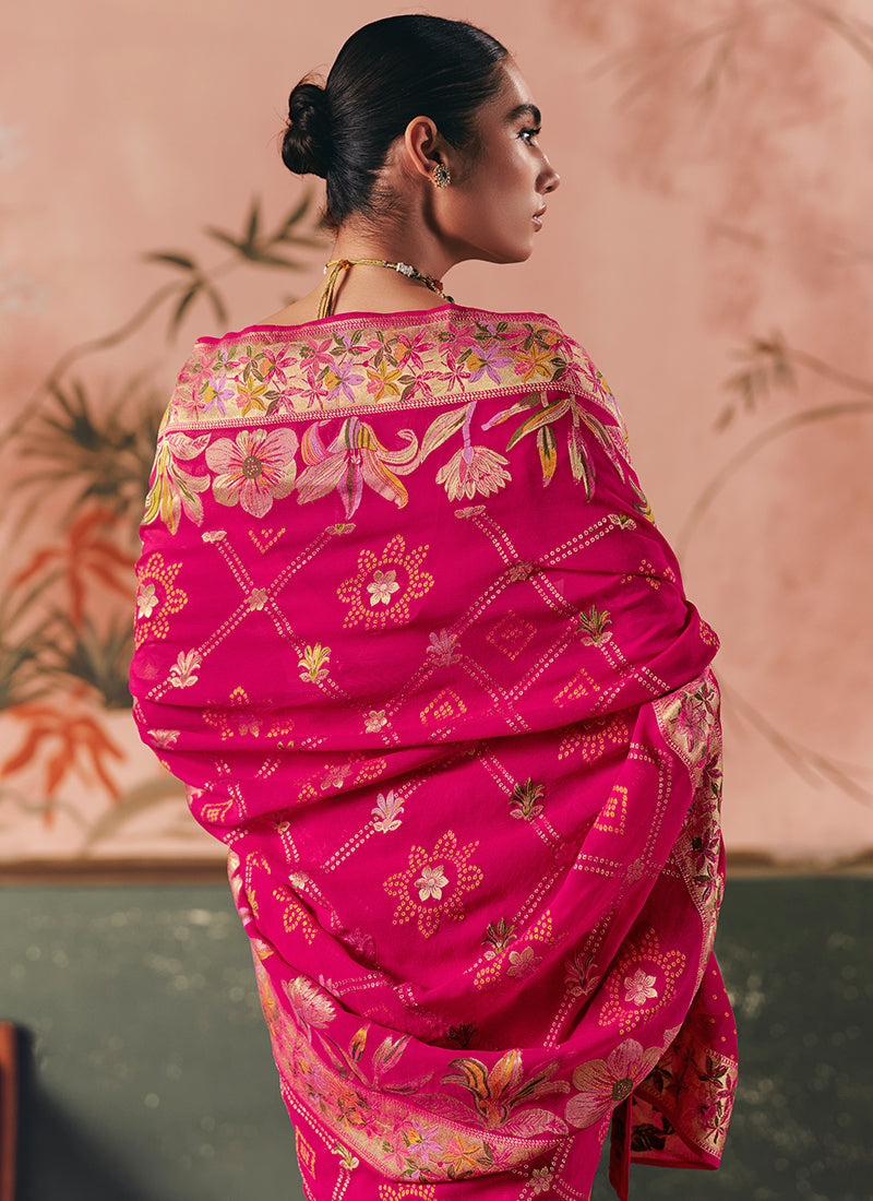 Georgette Hot Pink Wedding Wear Weaving Work Saree 386723