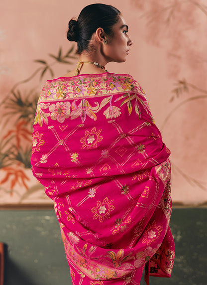 Georgette Hot Pink Wedding Wear Weaving Work Saree 386723