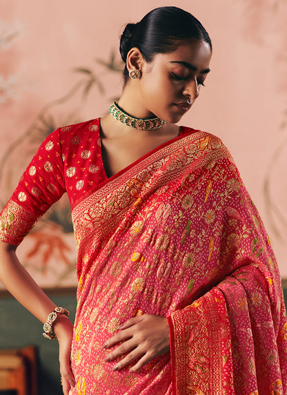 Georgette Red Wedding Wear Weaving Work Saree 386727