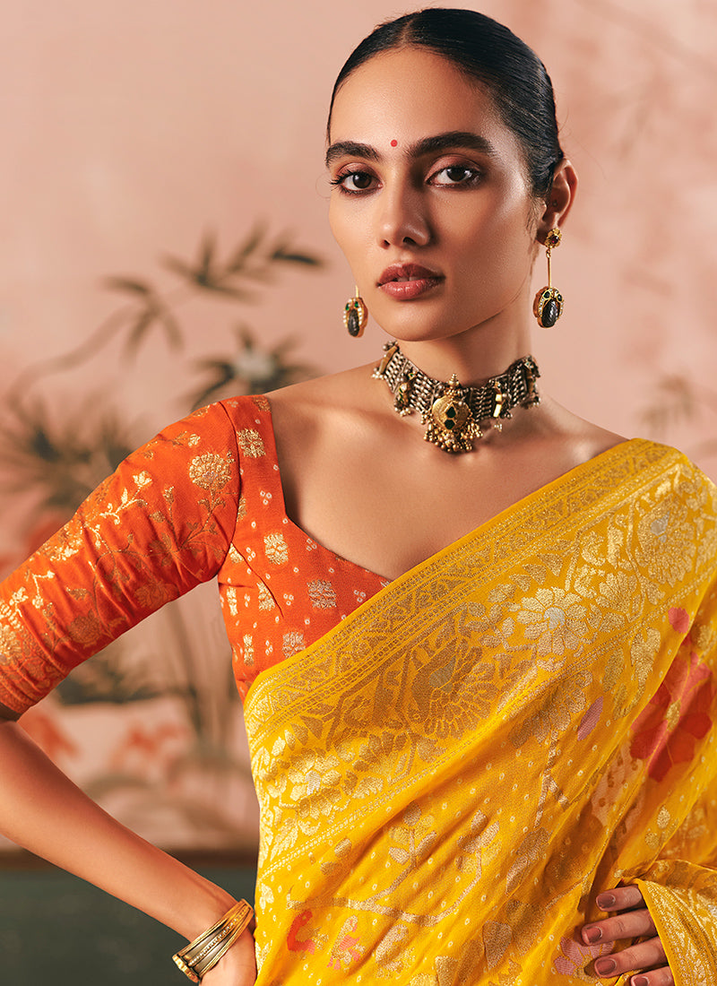Georgette Mustard Wedding Wear Weaving Work Saree 386728