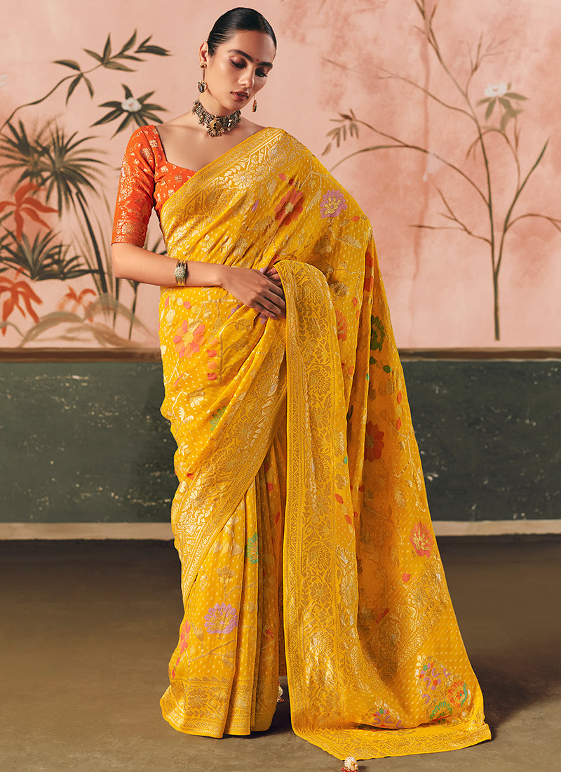 Georgette Mustard Wedding Wear Weaving Work Saree 386728