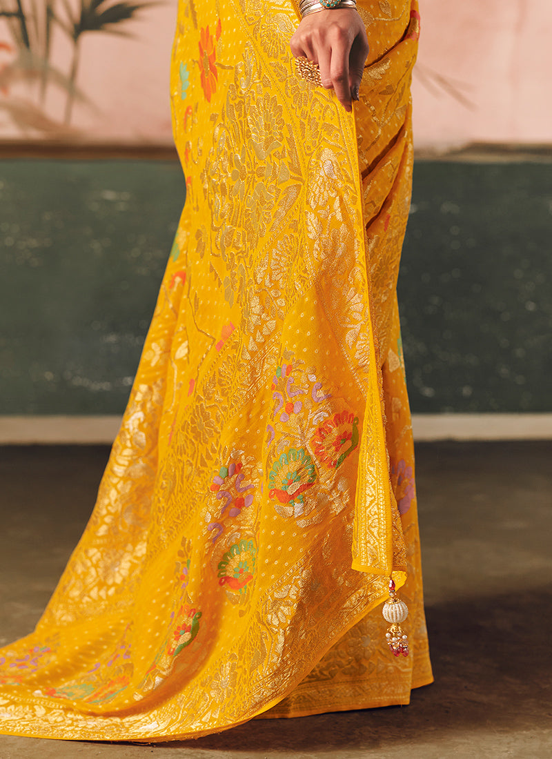 Georgette Mustard Wedding Wear Weaving Work Saree 386728