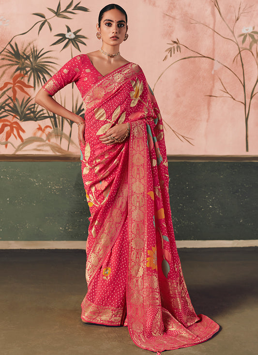 Georgette Pink Wedding Wear Weaving Work Saree 386729
