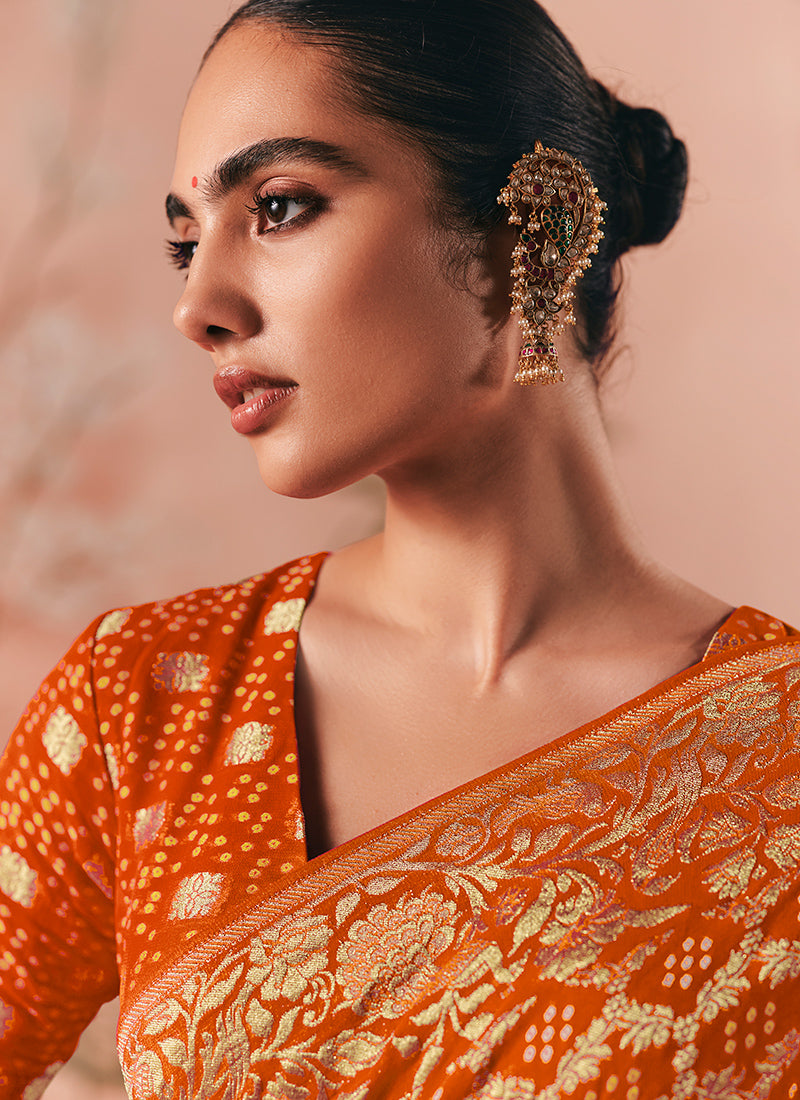 Georgette Orange Wedding Wear Weaving Work Saree 386730