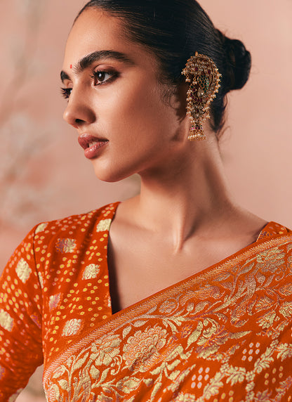 Georgette Orange Wedding Wear Weaving Work Saree 386730